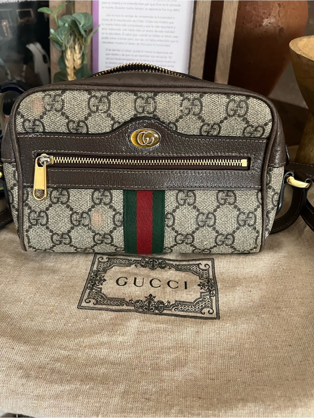 Gucci GG Canvas  with Brown Leather and Green-Red Web